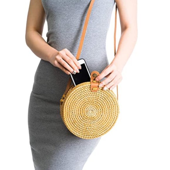 Anthropologie Hand-woven Leather Round Rattan Bag - Picture 5 of 9